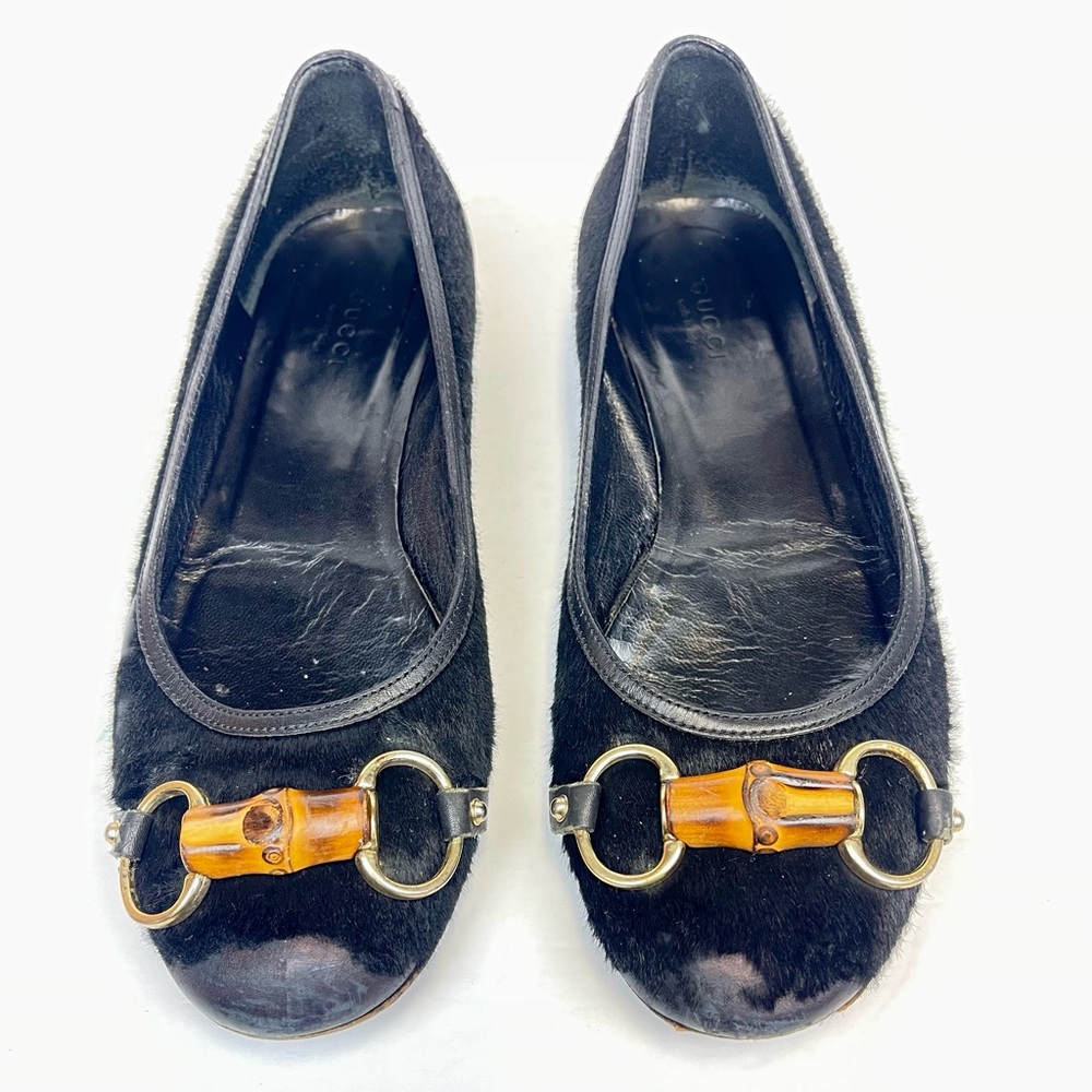 GUCCI  Black Bamboo Ballet Flats Logo Canvas Size 8B Black